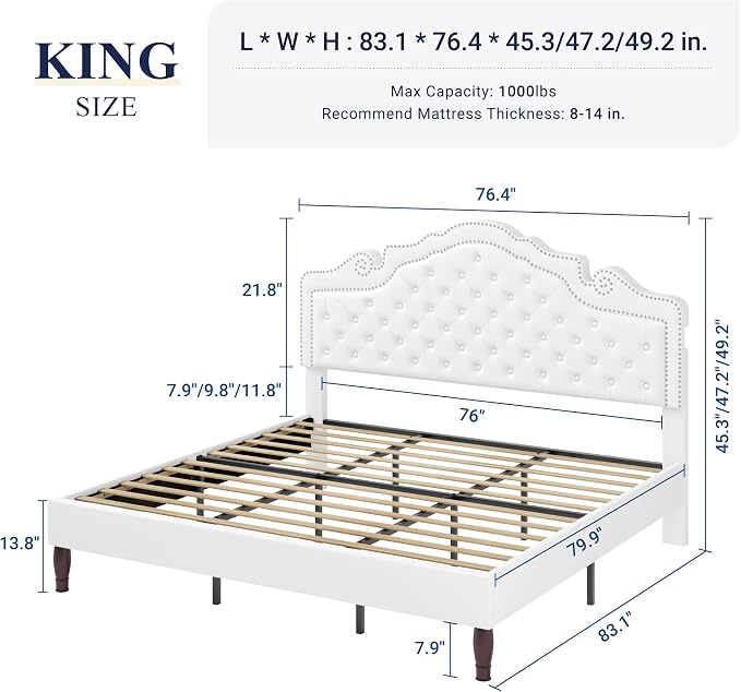 Allewie King Bed Frame with Adjustable Velvet Tiara Headboard, Upholstered - Image 2