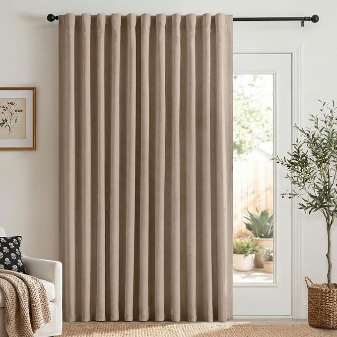 Linen Textured Blackout Sliding Door Curtains 90 Inches Long, Copper Brown | by 100BlackoutShield