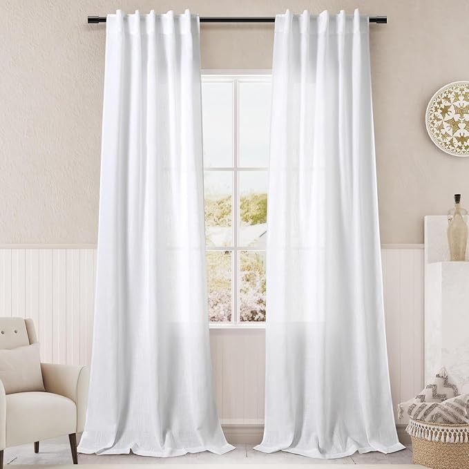 White Linen Curtains for Living Room 84 inches Long 2 Panels Set Pure White by Nanspring