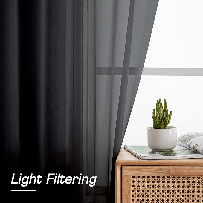 Black Sheer Curtains, Sheer Curtains 78 inch Length 2 Panels Set, Rod Pocket - Image 3
