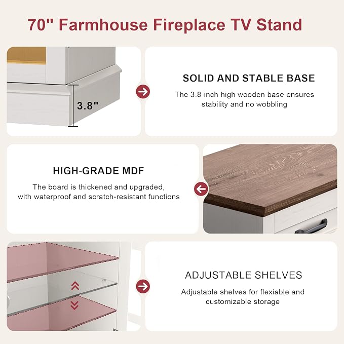 MXV 70" Fireplace TV Stand, 3-Sided Glass Fireplace and Modern Entertainment - Image 3
