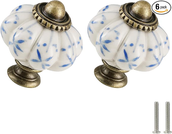 Ivory & Blue Pumpkin Knobs 6 Pack Ceramic Cabinet Knobs Vintage Drawer Pulls by Zernmiarder