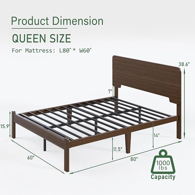 BOSRII 14in High Solid Bamboo Wood Platform Queen Size Bed Frame - Image 2