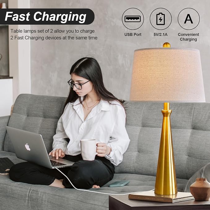 Oneach 25.75" 3-Way Dimmable Touch Control Modern USB Table Lamp Set of 2 - Image 6