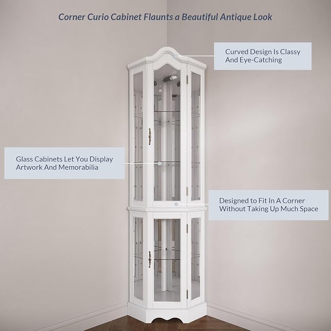 BELLEZE Lighted 3-Side Glass Display Curio Cabinet w/ Tempered Glass Doors and - Image 5