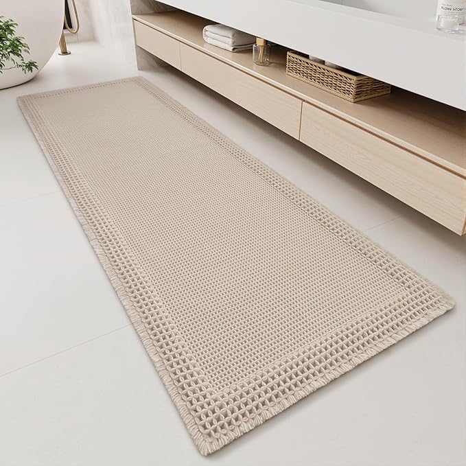 RESARE Waffle Bathroom Runner Rugs, Non Slip Boho Bath Mat 24x72 Pale Beige | by Resare