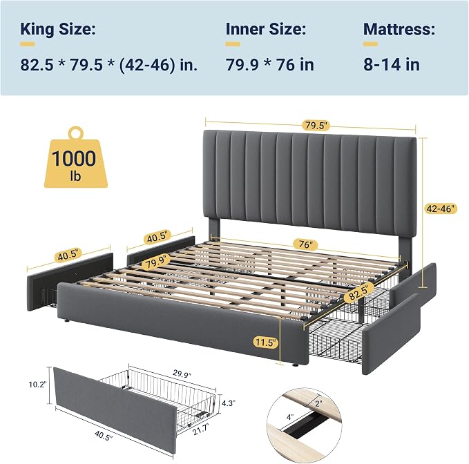 Allewie King Size Storage Bed Frame, Vertical Channel Tufted Adjustable - Image 2