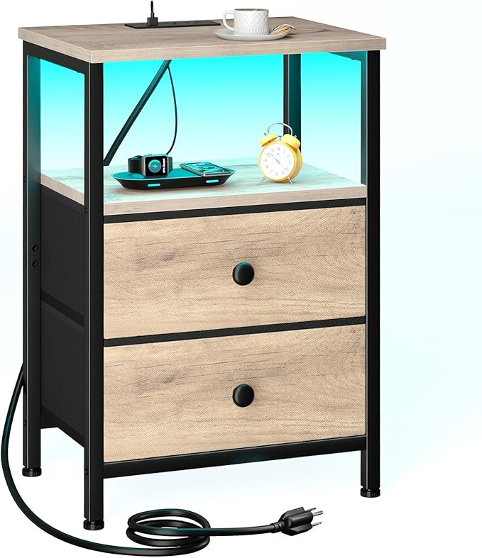 LOAKEKEL Night Stand with Charging Station and LED, Bedside Table with USB by LOAKEKEL