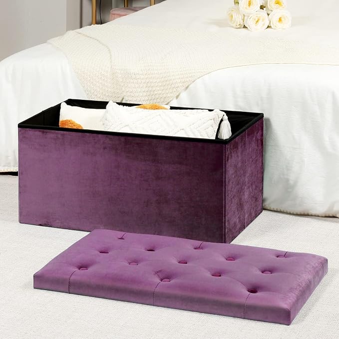 B FSOBEIIALEO Folding Storage Ottoman, Long Ottomans Shoes Bench, Velvet - Image 2
