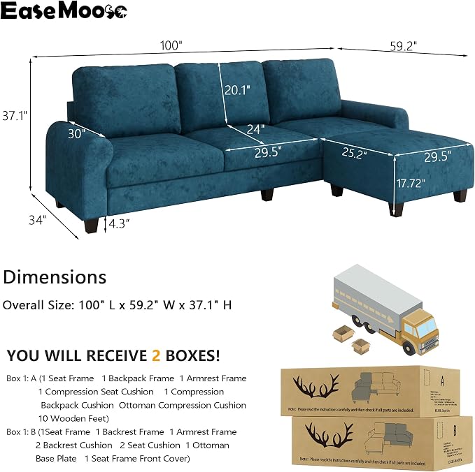EASE MOOSE Large Seat Velvet L-Shaped Sofa, Soft 4 Seat Couch - Image 2