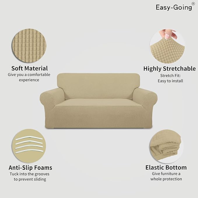 Easy-Going Stretch Oversized Loveseat Couch Covers Washable Beige | 1-Piece - Image 3