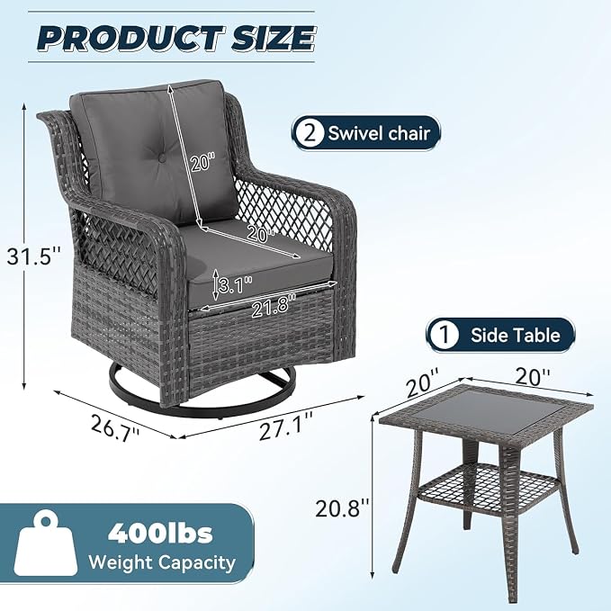3 Pieces Patio Swivel Chairs, Wicker Patio Conversation Sets - Image 3