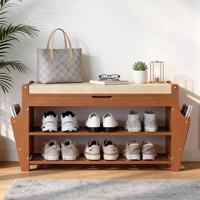 oakvivo 34.3in Shoe Bench, Bamboo 3-Tier Entryway Bench by OAKVIVOElegantLifestyle