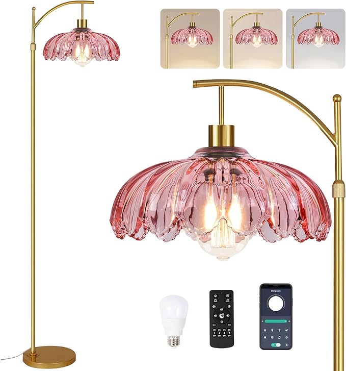 QIYIZM Pink Floor Lamp for Living Room, Mid Century Modern Brass Tall Lamp Boho by QIYIZM