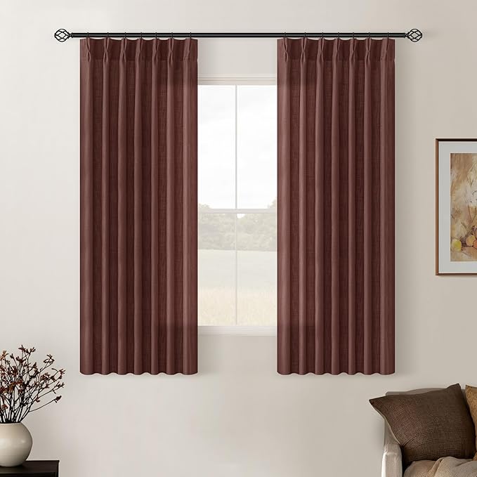 Chestnut Brown Pinch Pleated Linen Sheer Curtains 45 Inch Length 2 Panels | by Twodrapes