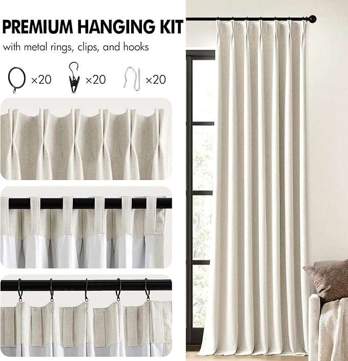 MIULEE Natural Pinch Pleated 100% Blackout Linen Curtains 40x105 Inches | Room - Image 8