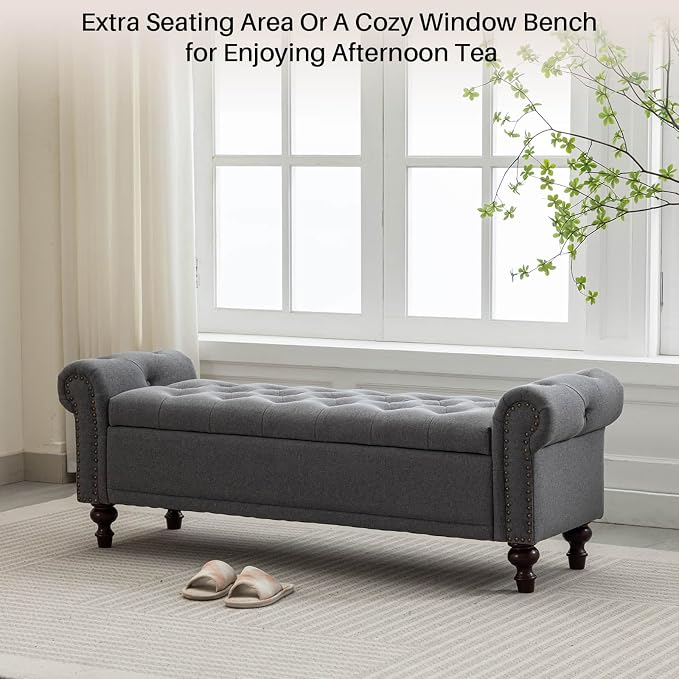 SOFTHION 58.1" Storage Bench Upholstered Linen End of Bedroom Bed Bench Ottoman - Image 6