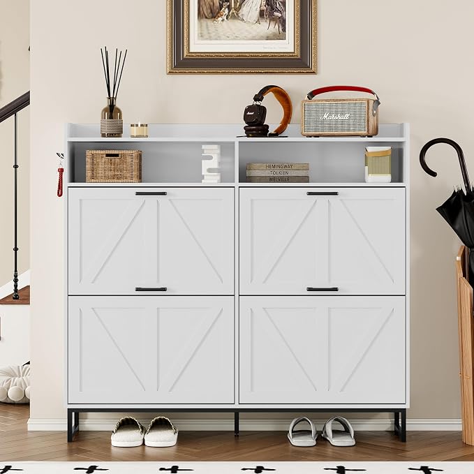 BORNOON Shoe Cabinet with 4 Flip Drawers Narrow Shoe Storage Cabinet Organizer - Image 4