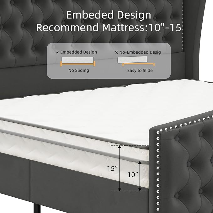 BRELTAM Upholstered King Size Bed Frame Velvet Tufted Bed Frame - Image 6