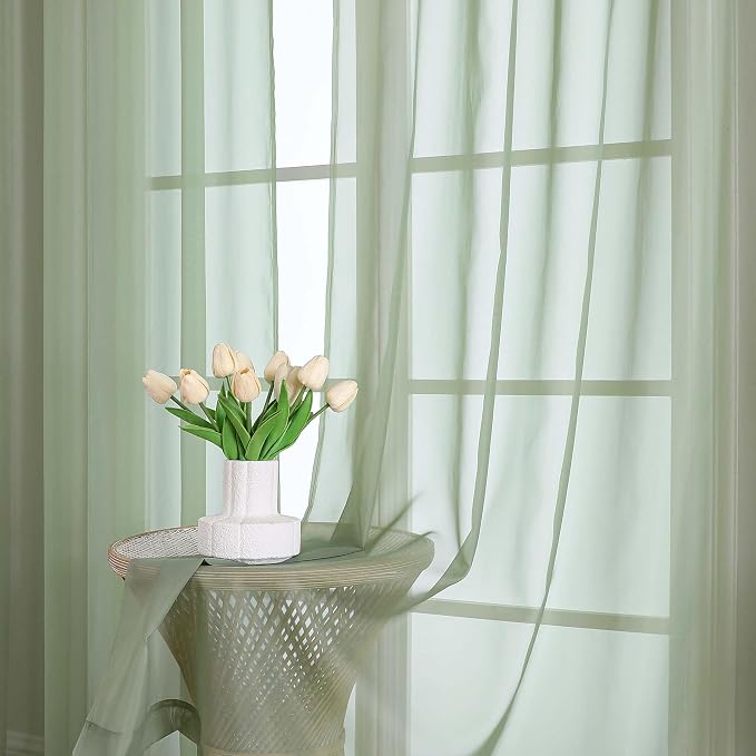 Sage Green Sheer Curtain 90 Inches Long 2 Panels Set, Solid Filmy Drapes - Image 7
