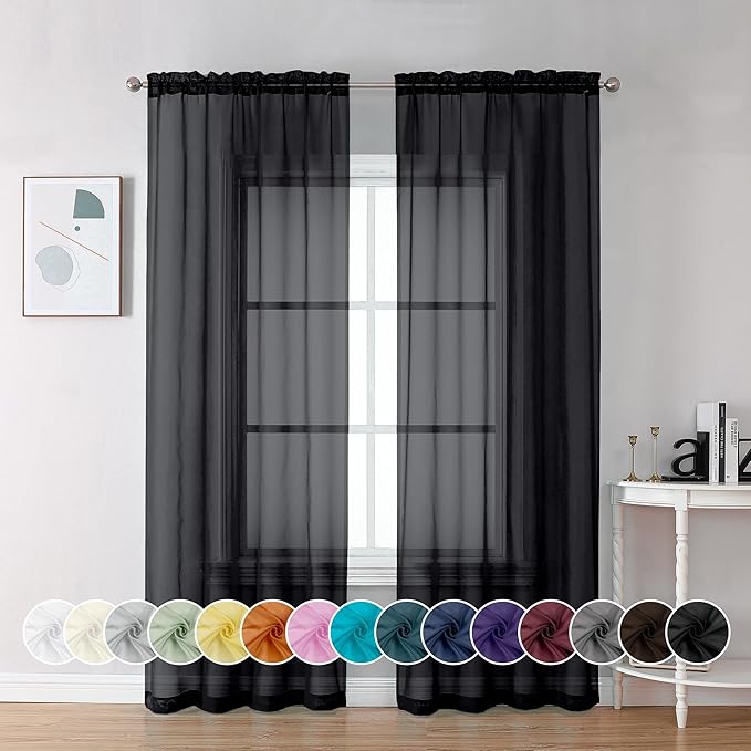 Chyhomenyc Black Sheer Curtains 84 Inches Long 2 Panels | Light Filtering by Chyhomenyc