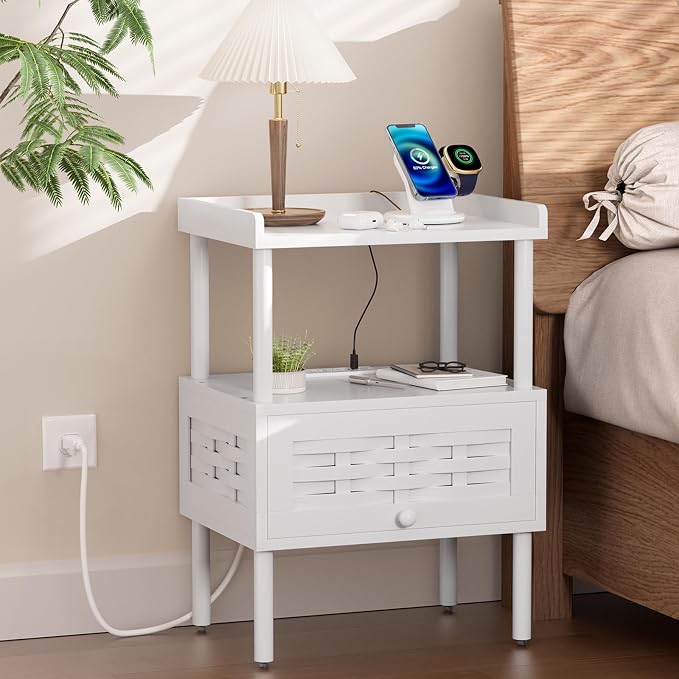 Amazer White Nightstand with Charging Station, Bamboo Night Stand by Amazer