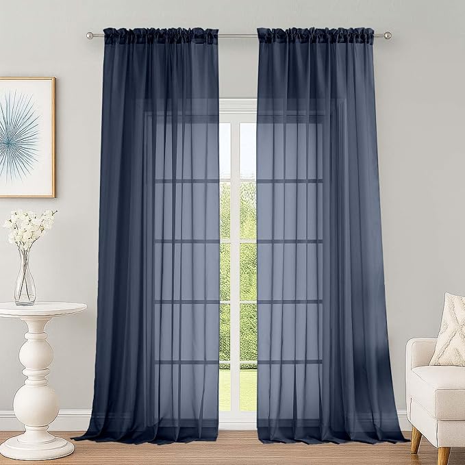 Extra Long Navy Blue Sheer Curtains 96 Inches Long 2 Panels Set, Soft by OWENIE
