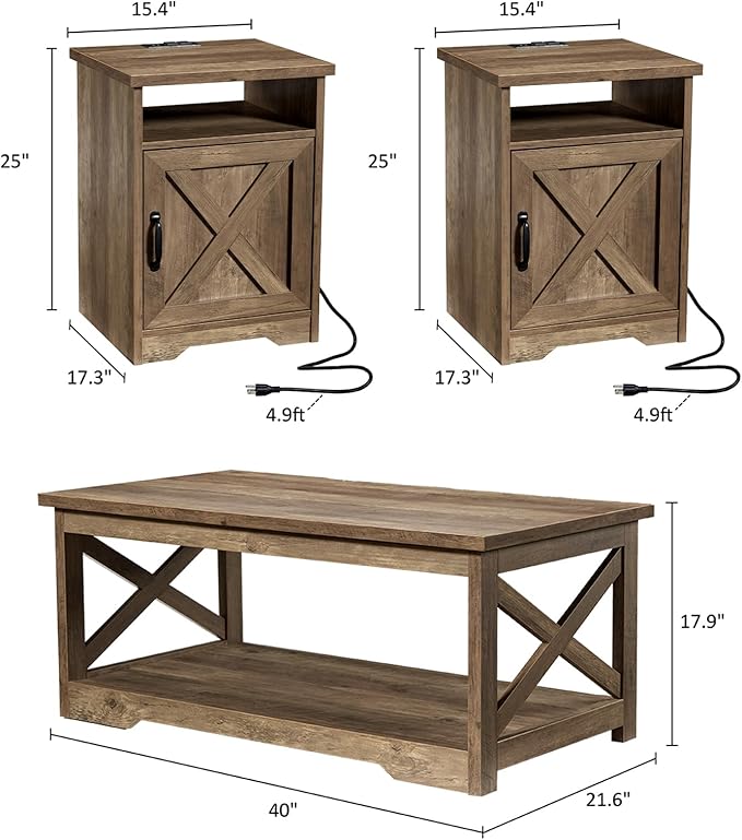 AMERLIFE 3-Piece Farmhouse Table Set Includes Coffee Table& Two End Tables - Image 2