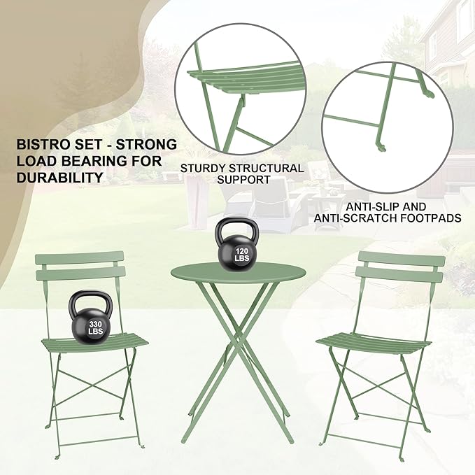 Bistro Table and Chairs Set of 2, 3 Piece Outdoor/Indoor Folding Patio Bistro - Image 5