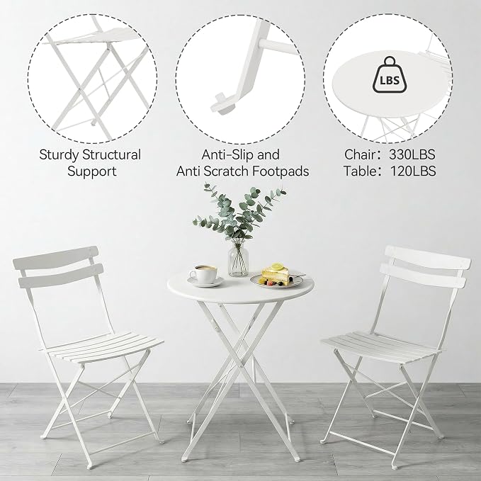 GarveeLife 3 Piece Patio Bistro Set, Folding Patio Bistro Table and Chairs Set - Image 6