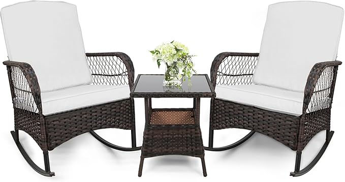 LEVELEVE 3pcs Modern PE Wicker Outdoor Rocking Chairs & Glass Table Set by Enjoyyourlife