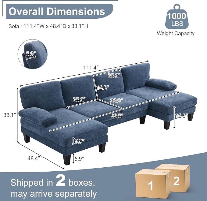 Karl home 111" Sectional Sofa U-Shaped 4-Seat Couch - Image 2