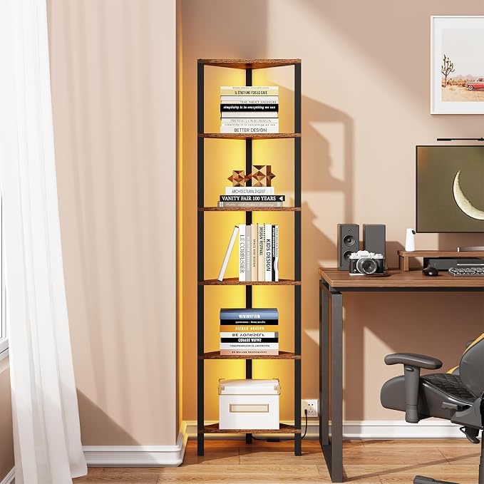 TUTOTAK Corner Shelf with LED Light, 6-Tier Corner Bookshelf - Image 4