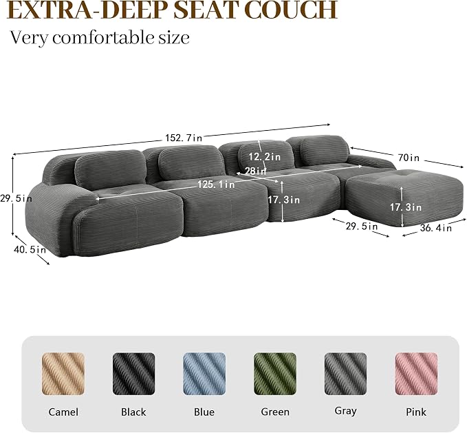 Boneless Sectional Couch, No Assembly Required, 152.7” L Shaped Modular Cloud - Image 3