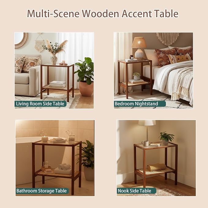 Tiita Rattan Side Table, Mid Century Nightstand, 2-Tier Bamboo Accent Bedside - Image 6
