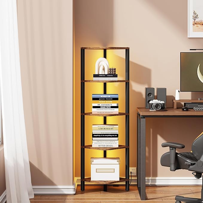 TUTOTAK Corner Shelf with LED Light, 5-Tier Corner Bookshelf by ChoosetutotakFurnitureBuildYourCozyHome