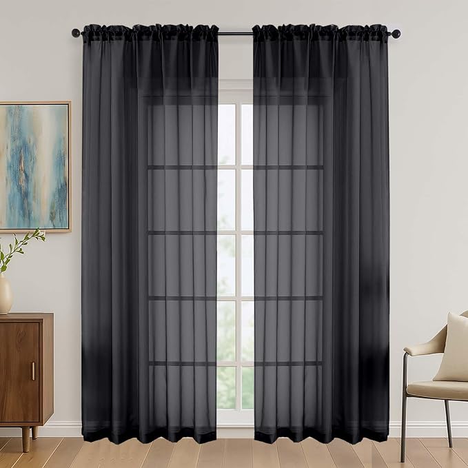 Black Sheer Curtains 84 Inches Long 2 Panel Sets, Solid Color Lightweight Voile by OVZME