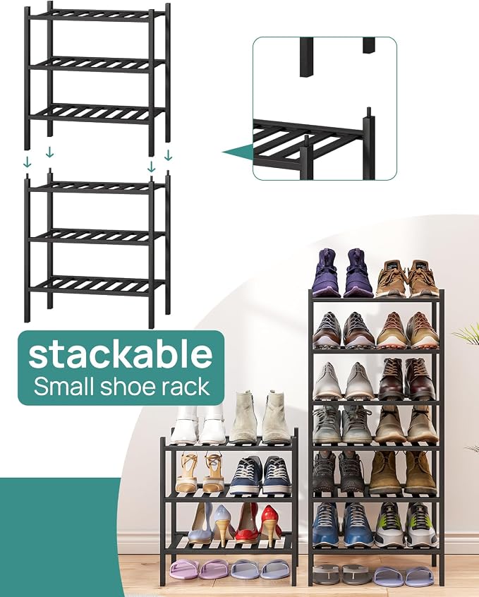 viewcare Small Shoe Rack for Entryway, 3-Tier Black Bamboo Shoe Organizer for - Image 5