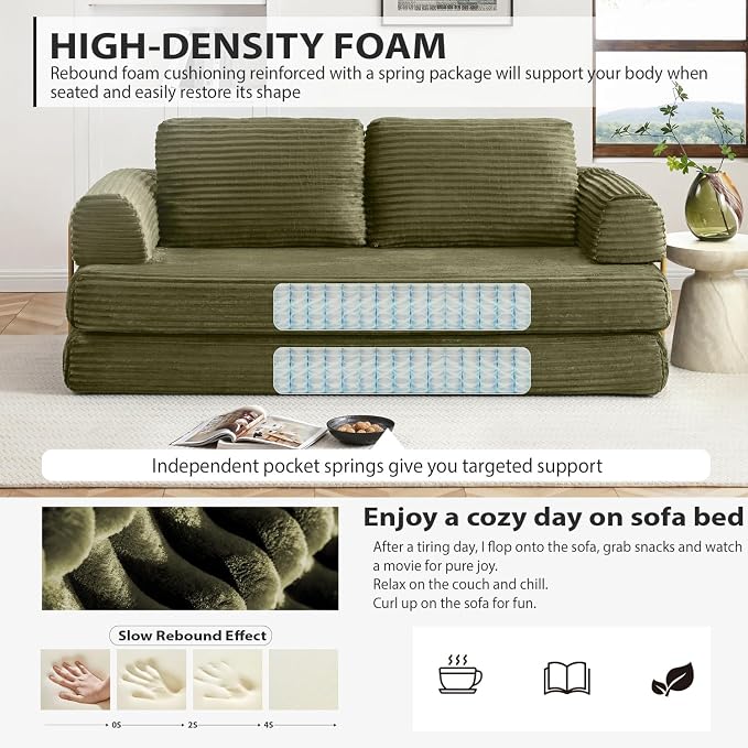 HANXIN 80 Inch Convertible Sleeper Sofa Bed, High Back Plush Corduroy Folding - Image 4