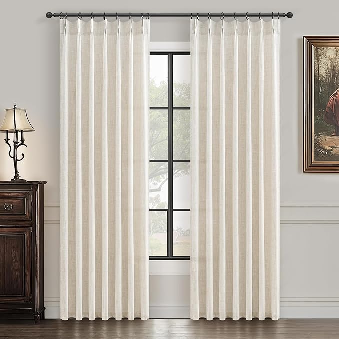 Cream Thick Linen 80 Inches Length Semi Sheer Curtains 2 Panels Set by PleatedDrapes