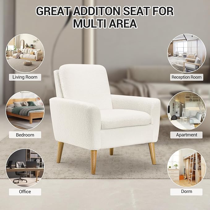 Sherpa Accent Chair, Modern White Teddy Fabric Upholstered Comfortable Armchair - Image 6