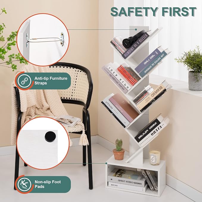 Yoobure Tree Bookshelf, 6 Tier Small Book Shelf Retro Floor Standing Bookcase - Image 5