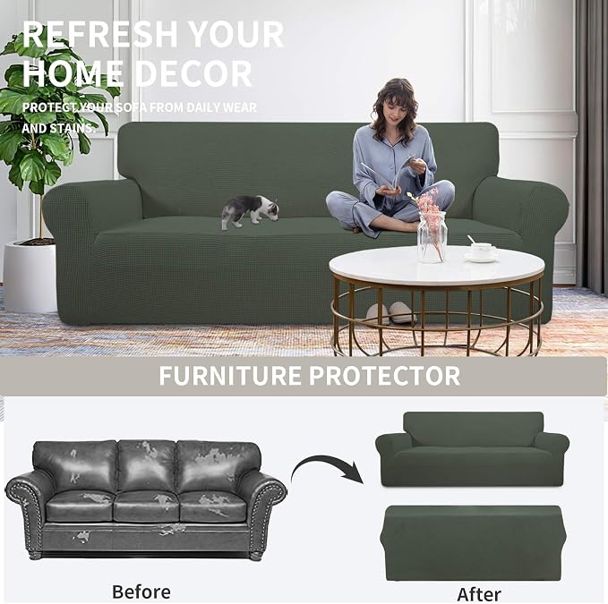 Easy-Going Stretch 4 Seater Oversized Sofa Couch Cover Olive Green | 1-Piece - Image 4