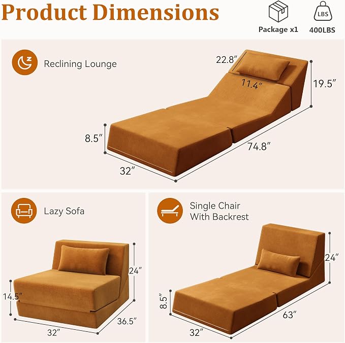 Fold Out Chair Bed, Folding Sofa Bed, 3 in 1 Convertible Sleeper Chair Bed - Image 2
