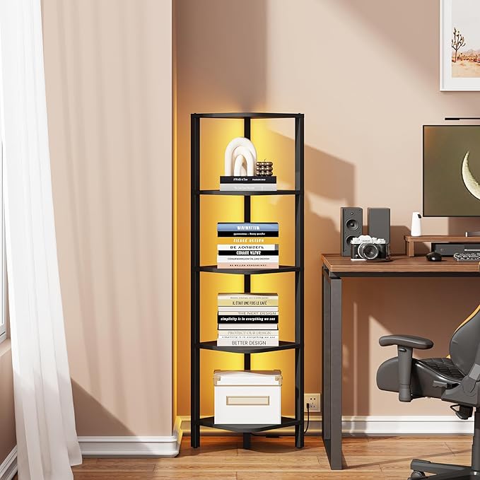 TUTOTAK Corner Shelf with LED Light, 5-Tier Corner Bookshelf by ChoosetutotakFurnitureBuildYourCozyHome
