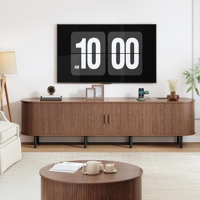 86.6" TV Stand with Power Outlet, Mid-Century Modern Television Stand, Fluted - Image 7
