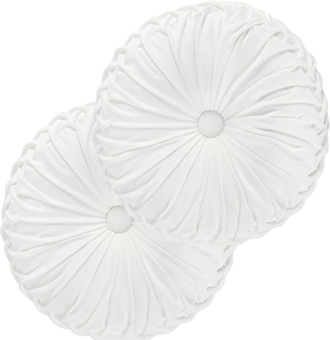 HIG Set of 2 Off White Velvet Decorative Round Pleated Throw Pillows | Vintage by HIG