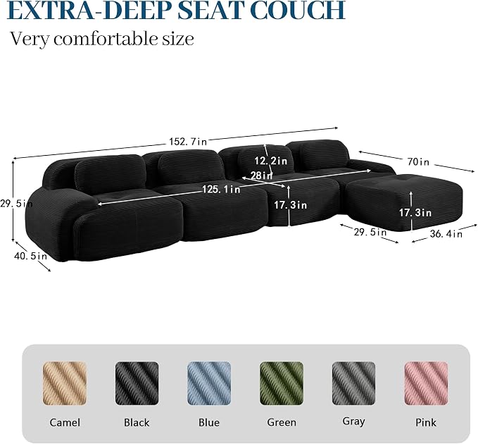 Boneless Sectional Couch, No Assembly Required, 152.7” L Shaped Modular Cloud - Image 3