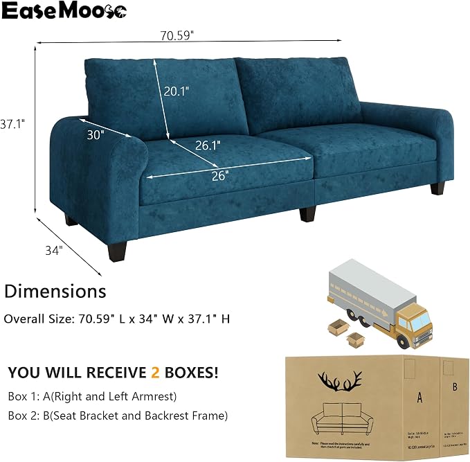 EASE MOOSE 70.6" Velvet Loveseat Sofa, Soft Deep Seat Couches - Image 2