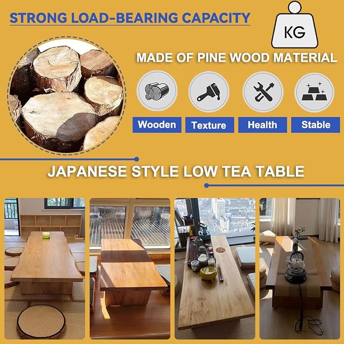 200 cm Solid Wood Low Coffee Table in Japanese Style, Tatami Meditation Table - Image 5
